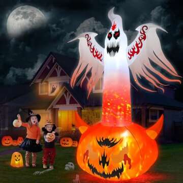 8FT Halloween Inflatables Outdoor Decorations Ghost with Built-in Flame Flashing Projection Light Scary Red Eye Pumpkin Halloween Blow Up Yard Decorations for Halloween Party