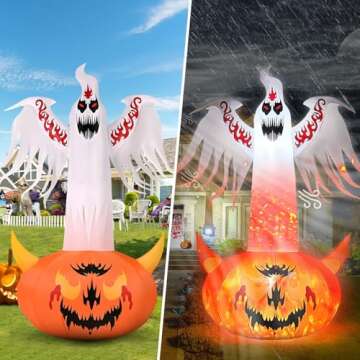 8FT Halloween Inflatables Outdoor Decorations Ghost with Built-in Flame Flashing Projection Light Scary Red Eye Pumpkin Halloween Blow Up Yard Decorations for Halloween Party