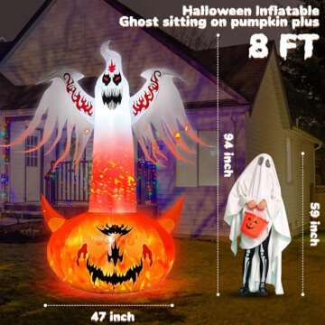 8FT Halloween Inflatables Outdoor Decorations Ghost with Built-in Flame Flashing Projection Light Scary Red Eye Pumpkin Halloween Blow Up Yard Decorations for Halloween Party