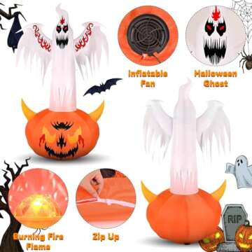 8FT Halloween Inflatables Outdoor Decorations Ghost with Built-in Flame Flashing Projection Light Scary Red Eye Pumpkin Halloween Blow Up Yard Decorations for Halloween Party