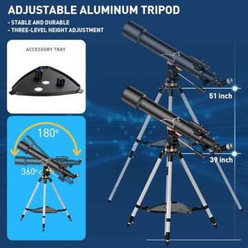 Telescope, 80mm Aperture 800mm Telescopes for Adults Astronomy & Kids & Beginners, Portable High Powered Refracting Professional Telescope with an Adjustable Tripod, a Bag, a Phone Adapter