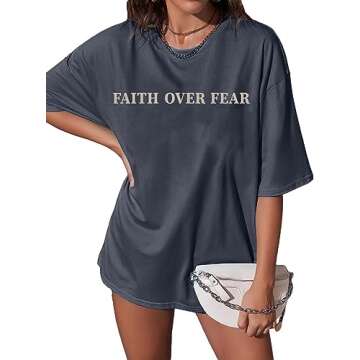 BANGELY Faith Over Fear Tshirt Women Oversized Christian Religious Sayings Tees Drop Shoulder Tee Tops Grey