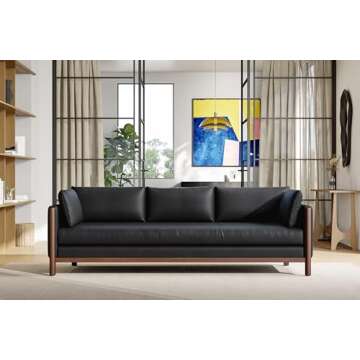 Valencia Matera 93” Black 3 Seater Full Leather Sofa | Modern Nappa Leather Couch with 2 Pillows for Living Room Furniture | Canadian Hardwood, One-Piece Curved Frame Lounge Sofa