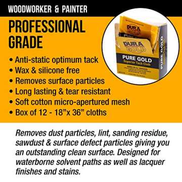 Dura-Gold - Pure Gold Superior Tack Cloths - Tack Rags (Box of 12) - Woodworking and Painters Professional Grade - Removes Dust, Sanding Particles, Cleans Surfaces - Wax and Silicone Free, Anti-Static