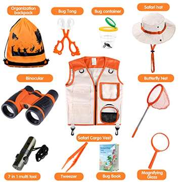 INNOCHEER Explorer Kit & Bug Catcher Kit for Kids Outdoor Exploration with Vest, Binocular, Magnifying Glass, Hand-Crank Flashlight, Whistle, Bug Collector, Bag for Boys Girls (Orange)