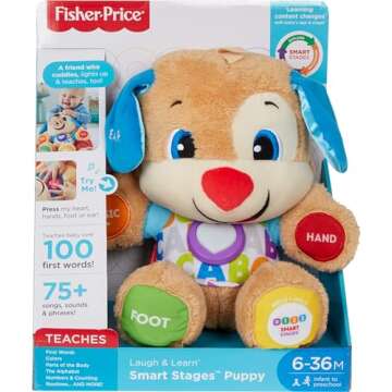 Fisher-Price Baby Learning Toy Laugh & Learn Smart Stages Puppy Musical Plush with Lights & Educational Songs for Infants Ages 6+ Months