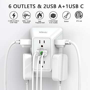 Multi Plug Outlet Surge Protector - YISHU 3 Sided Power Strip with 6 AC Outlet Extender and 3 USB Ports (1 USB C), Adapter Spaced Outlet Splitter, ETL Listed, White