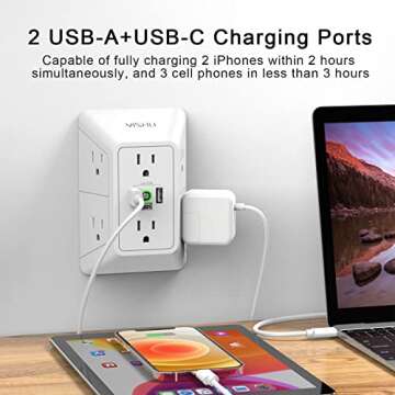 Multi Plug Outlet Surge Protector - YISHU 3 Sided Power Strip with 6 AC Outlet Extender and 3 USB Ports (1 USB C), Adapter Spaced Outlet Splitter, ETL Listed, White