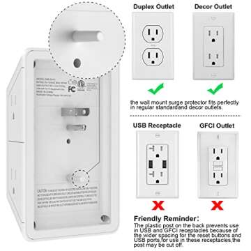 Multi Plug Outlet Surge Protector - YISHU 3 Sided Power Strip with 6 AC Outlet Extender and 3 USB Ports (1 USB C), Adapter Spaced Outlet Splitter, ETL Listed, White