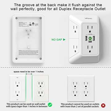 Multi Plug Outlet Surge Protector - YISHU 3 Sided Power Strip with 6 AC Outlet Extender and 3 USB Ports (1 USB C), Adapter Spaced Outlet Splitter, ETL Listed, White