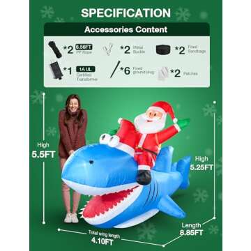 NIORSUN 8.7FT Shark Christmas Inflatable Outdoor Decorations with LED Lights,Santa Riding Shark,Giant Christmas Blow Ups Yard Decor for Indoor Outdoor Xmas Party