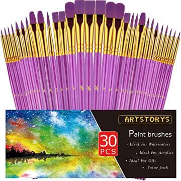 Paint Brushes Set, 30 Pcs Paint Brushes for Acrylic Painting, Watercolor Acrylic Oil Paint Brush, Artist Paintbrushes for Body Face Rock Canvas, Kids Adult Drawing Arts Crafts Supplies, Purple