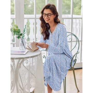 Ekouaer Women's Long Sleeve Nightgown Long Sleepshirts Henley Sleep Dress Full Length Sleepwear S-4XL