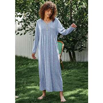 Ekouaer Women's Long Sleeve Nightgown Long Sleepshirts Henley Sleep Dress Full Length Sleepwear S-4XL