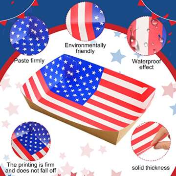 4th of July Disposable Paper Food Tray with Plastic Gloves Paper Patriotic Food Boats Disposable Food Handling Gloves America Labor Day Paper Food Container American Flag Party Supplies (100 Set)