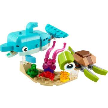 LEGO Creator 3 in 1 Dolphin and Turtle Toys for Kids, Transforms to Seahorse and Sea Snail or to Swimming Fish and Crab, Toy Sea Animal Figures Building Set for Kids 6 Plus Years Old, 31128