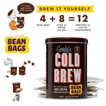 GRADY’S COLD BREW Coffee Pouches | New Orleans Style | 100% Arabica Ground Coffee & Chicory | TWO Coffee Cans, each with 4 Easy-to-Brew Bean Bags | Makes 24 drinks