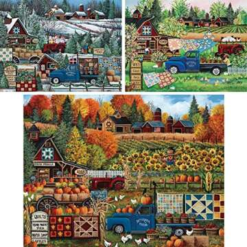 Bits and Pieces - Value Set of Three (3) 1000 Piece Jigsaw Puzzles for Adults - Each Puzzle Measures 20" x 27" - 1000 pc Buttermilk Farm Winter, Spring, Fall Truck Jigsaws by Artist Debbi Wetzel