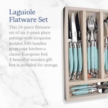 Jean Dubost Laguiole 24-Piece Everyday Flatware Set, Turquoise Handles - Rust-Resistant Stainless Steel - Includes Wooden Tray - Made in France