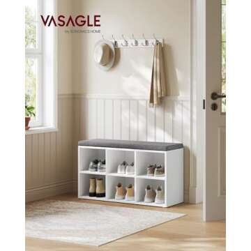 VASAGLE Shoe Bench with Cushion, Shoe Storage Bench with 6 Compartments and 3 Adjustable Shelves, Entryway Bench with Padded Seat, for Bedroom, Closet, Living Room, White ULHS23WT