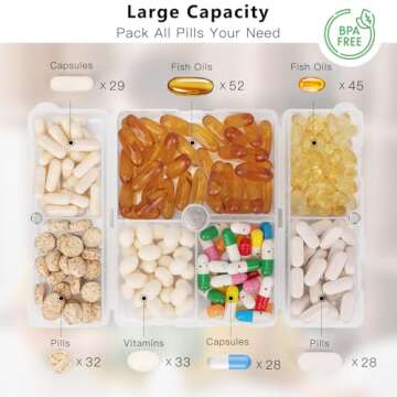 FYY Daily Pill Organizer/ Case, 7 Compartments Portable, [Folding Design] Large Travel Pill Box for Purse Pocket to Hold Vitamins,Cod Liver Oil,Supplements and Medication-Clear