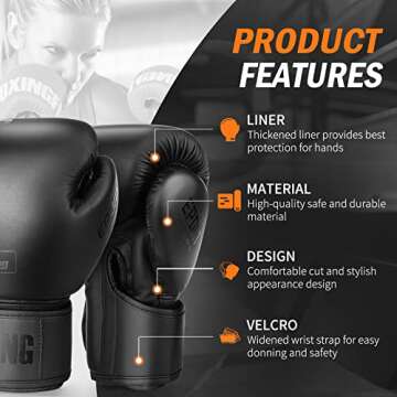 Boxing Gloves for Men and Women Suitable for Boxing Kickboxing Mixed Martial Arts Muay Thai MMA Heavy Bag Fighting Training Boxing Gloves for Men and Women (Black, 10oz)