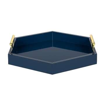 Kate and Laurel Lipton Hexagon Decorative Tray with Polished Metal Handles, Navy Blue and Gold