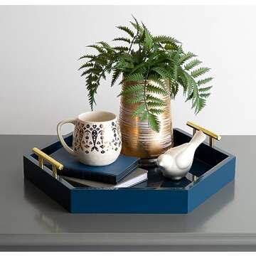 Kate and Laurel Lipton Hexagon Decorative Tray with Polished Metal Handles, Navy Blue and Gold