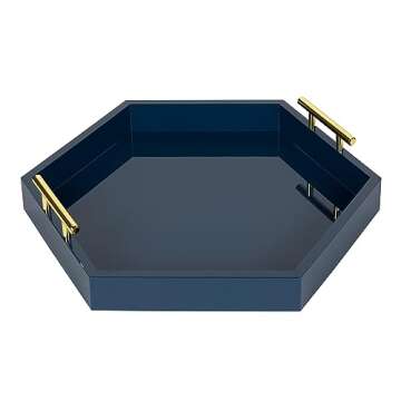 Kate and Laurel Lipton Hexagon Decorative Tray with Polished Metal Handles, Navy Blue and Gold