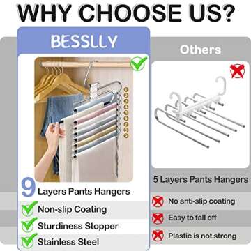 9 Layers Pants Hangers Space Saving, 2 Pack Multifunctional Pant Rack Stainless Steel Closet Organizer for Pants Jeans Leggings Trousers, Antiquewhite