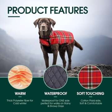 Kuoser Warm Dog Coat, Reversible Dog Jacket Waterproof Dog Winter Coat British Style Plaid Dog Clothes Pet Dog Cold Weather Coats Cozy Snow Jacket Vest for Small Medium Large Dogs Bright Red M