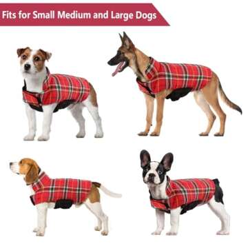 Kuoser Warm Dog Coat, Reversible Dog Jacket Waterproof Dog Winter Coat British Style Plaid Dog Clothes Pet Dog Cold Weather Coats Cozy Snow Jacket Vest for Small Medium Large Dogs Bright Red M