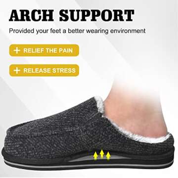 ONCAI Mens Slippers with Orthotic Arch Support,Cotton-Blend High-Density Memory Foam Plantar Fasciitis House Slippers Warm Stripe Faux Fur Clogs Slip-on Indoor Outdoor Rubber Sole BlackSize 14