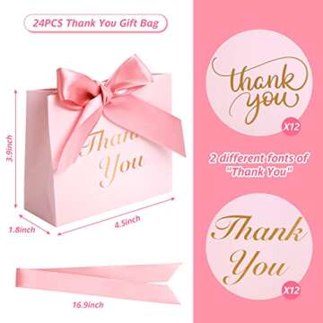 VGOODALL 24PCS Small Thank You Gift Bags, Mini Party Favor Bags Pink Candy Bags Treat Boxes Paper Gift Bags with Bow Ribbon for Wedding Bridal Baby Shower Birthday Party