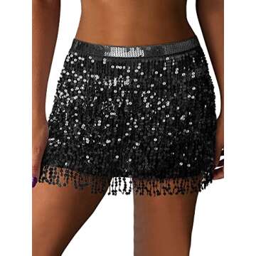 MYMORE Womens Sparkly Sequin Fringe Skirt Black Sparkle Taylor Belly Dance Rave Disco Space Cowgirl Country Concert Outfit Glitter Shorts M