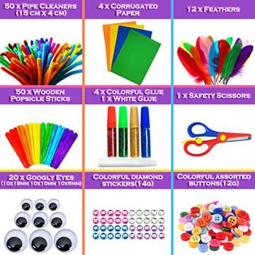 MOISO Kids Crafts and Art Supplies Jar Kit - 560+ Piece Set - Make Bracelets and Necklaces - Plus Glitter Glue, Construction Paper, Colored Popsicle Sticks, Eyes, Pipe Cleaners…