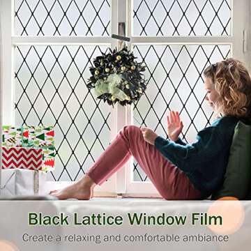 VELIMAX Frosted Black Lattice Window Film Static Cling Window Privacy Films Decorative Glass Vinyl Film for Windows Removable Sun Blocking Anti-UV 17.7x78.7 inches