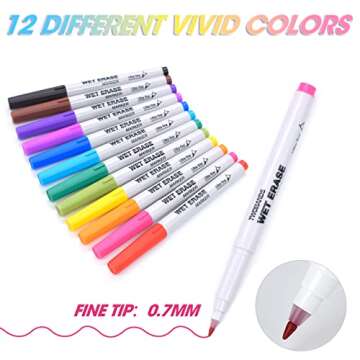 TWOHANDS Wet Erase Markers Ultra Fine Tip,0.7mm,Low Odor,Extra Fine Point,12 Assorted Colors,Whiteboard Markers for Office,Home,or Planning Dry Erase Board,20703