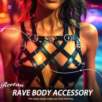 Reetan Punk Layered Chest Chains Silver Leather Body Chains Ring Rave Party Nightclub Body Jewelry Accessories for Women