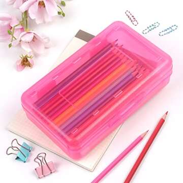 Tamaki 1 Pack Plastic Pencil Box Large Capacity Pencil Boxes Clear Boxes with Snap-tight Lid Stackable Design and Stylish Office Supplies Storage Organizer Box, Pink