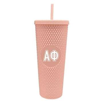 Sorority Shop Alpha Phi Studded Tumbler with Straw - 24 Oz Tumbler with Lid and Straw, Matte Coral, Reusable Plastic Cup with Screen Printed Greek Letters for Water, Ice Coffee or Any Drink