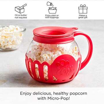 Ecolution Patented Micro-Pop Microwave Popcorn Popper with Temperature Safe Glass, 3-in-1 Lid Measures Kernels and Melts Butter, Made Without BPA, Dishwasher Safe, 1.5-Quart, Red