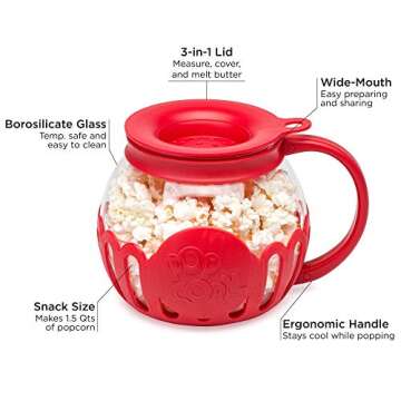 Ecolution Patented Micro-Pop Microwave Popcorn Popper with Temperature Safe Glass, 3-in-1 Lid Measures Kernels and Melts Butter, Made Without BPA, Dishwasher Safe, 1.5-Quart, Red