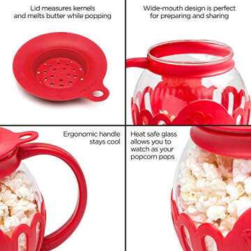 Ecolution Patented Micro-Pop Microwave Popcorn Popper with Temperature Safe Glass, 3-in-1 Lid Measures Kernels and Melts Butter, Made Without BPA, Dishwasher Safe, 1.5-Quart, Red