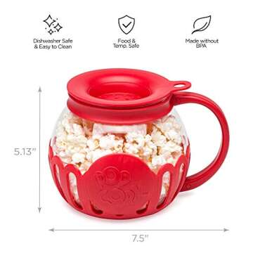 Ecolution Patented Micro-Pop Microwave Popcorn Popper with Temperature Safe Glass, 3-in-1 Lid Measures Kernels and Melts Butter, Made Without BPA, Dishwasher Safe, 1.5-Quart, Red