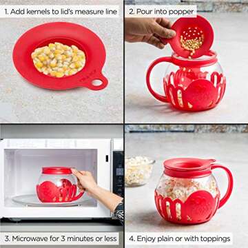 Ecolution Patented Micro-Pop Microwave Popcorn Popper with Temperature Safe Glass, 3-in-1 Lid Measures Kernels and Melts Butter, Made Without BPA, Dishwasher Safe, 1.5-Quart, Red