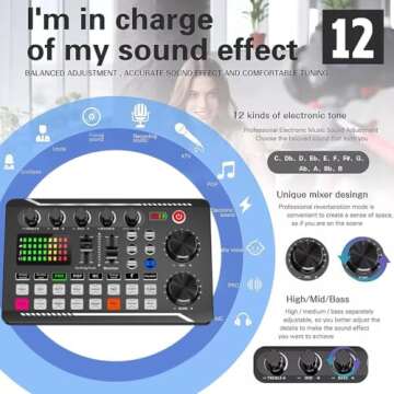 Podcast Equipment Bundle, All-in-One Audio Interface DJ Mixer with Microphone, Stand, Monitor Earphone, mobile phone holder,Audio Mixer With Sound card for PC/Laptop/Phone, Streaming/Podcasting/Gaming