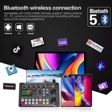 Podcast Equipment Bundle, All-in-One Audio Interface DJ Mixer with Microphone, Stand, Monitor Earphone, mobile phone holder,Audio Mixer With Sound card for PC/Laptop/Phone, Streaming/Podcasting/Gaming