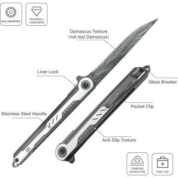 Folding Knife, 3.5 inch Pocket Knife with Clip and Feather Pattern Blade, EDC Knife for Outdoor, Foldable Box Cutter and Letter Opener,Great Gift for Men and Women,Grey