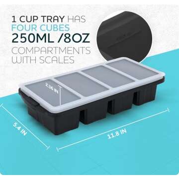 XOMOO Silicone Freezer Tray With Lid - Soup Freezer Container molds - Large Ice Cube Tray- makes 8 perfect 1 cup portions cubes, 2-Pack Freezer Storage Food Soups & Meal Prep - Oven & Dishwasher -Safe